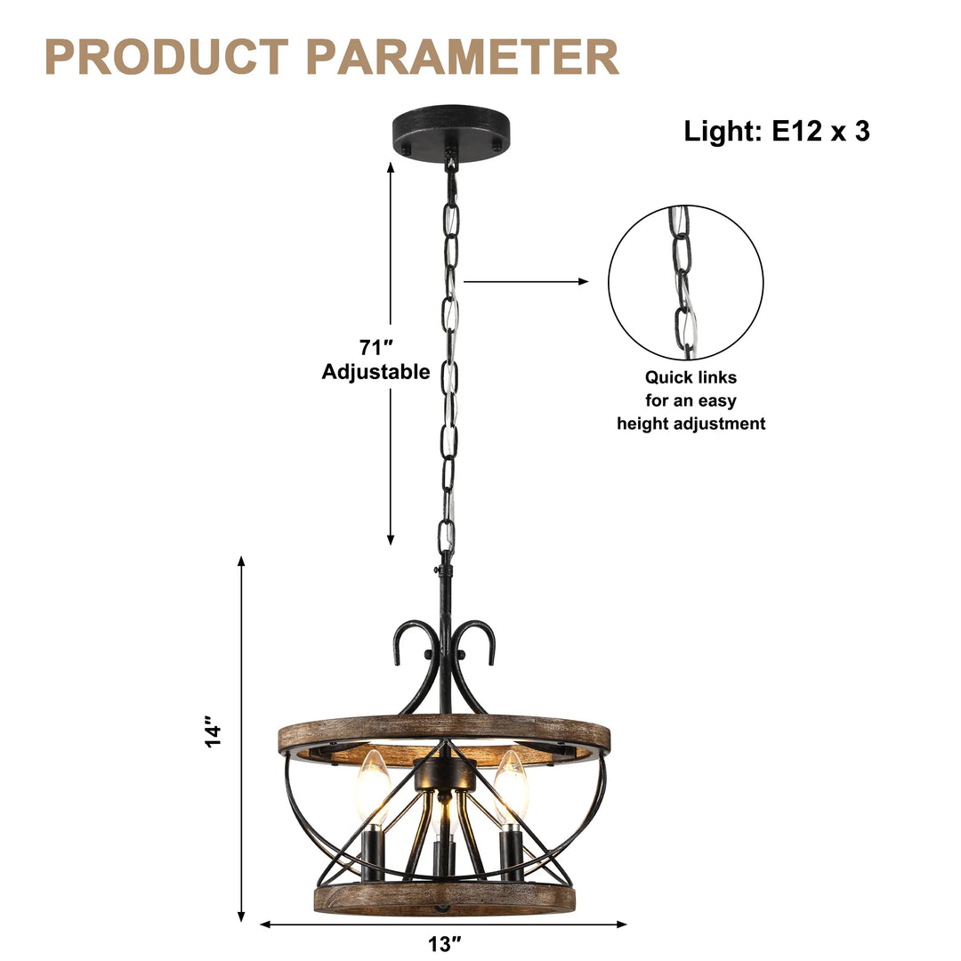 13"/15.7"/19.7" Rustic Cage Wood Chandelier Dimmable Lighting Farmhouse Adjustable Pendant Light for Kitchen Island