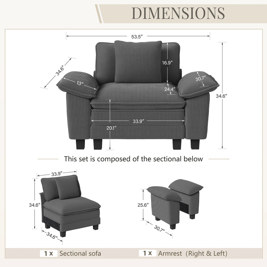 Cloud Modular Deep Seat Sofa, Chenille or Corduroy Sectional Couch with Removable Arms, 1–4 Seater