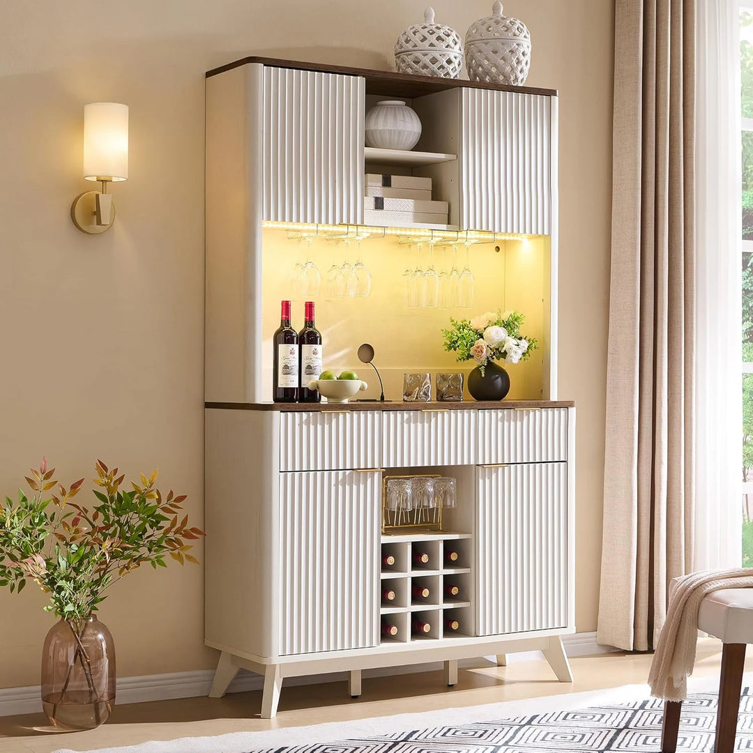 72" Wine Bar Cabinet, Modern Wood Coffee Bar Cabinet with LED Lights