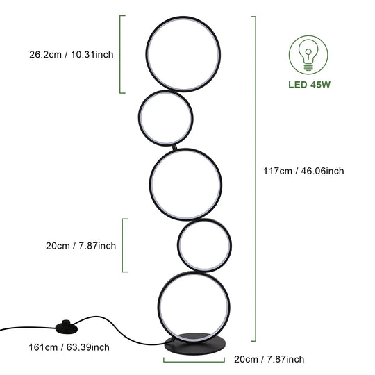 LED Modern Dimmable Floor Lamp, 3 Way Bright Corner Stand Lamp with 5-Ring for Living Room