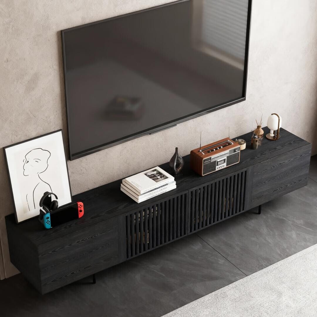 94.48 Inch Extra Long Black TV Stand with Slatted Doors, Modern Entertainment Center for Tvs up to 100 Inches,