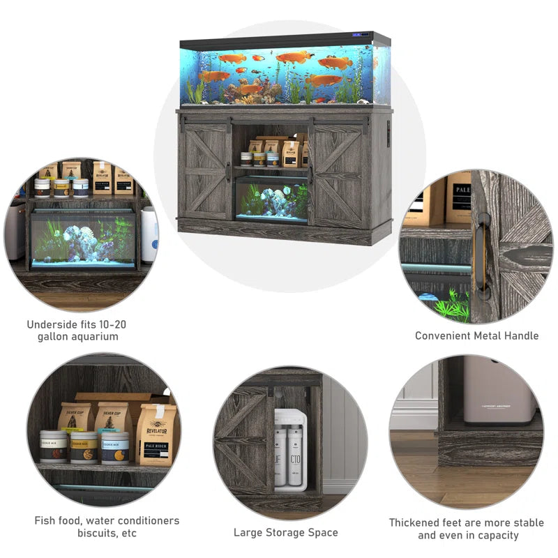Farmhouse Aquarium Stand for 55-75 Gallon Fish Tanks, Reptile Tank Stand with Power Outlet & Sliding Barn Door, Heavy Duty Fish Tank Stand with Cabinet Storage for Turtle Tanks/Reptile Terrariums