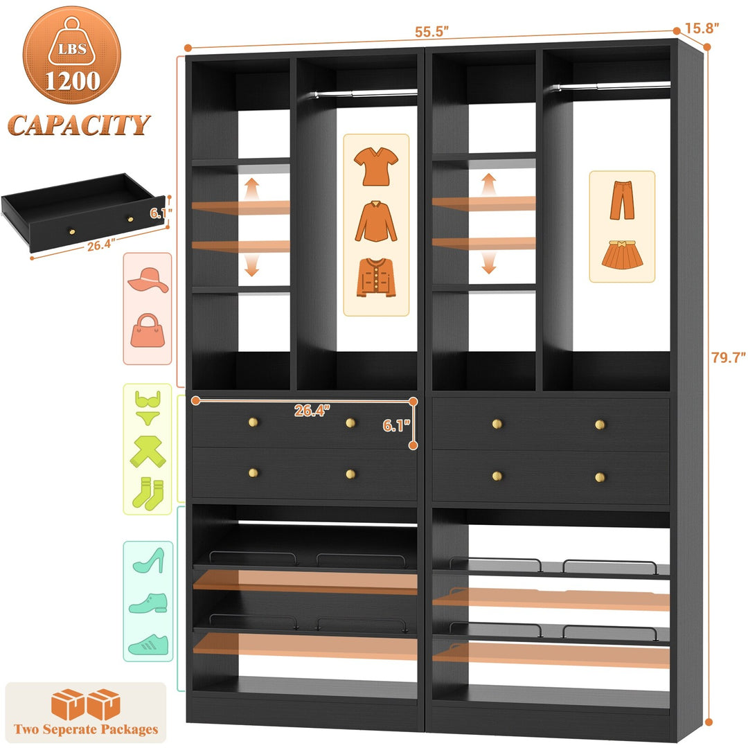 Grimm 28'' Closet Organizer with Shoe Racks and Drawers, Closet System with Hanging Rod and Adjustable Shelves