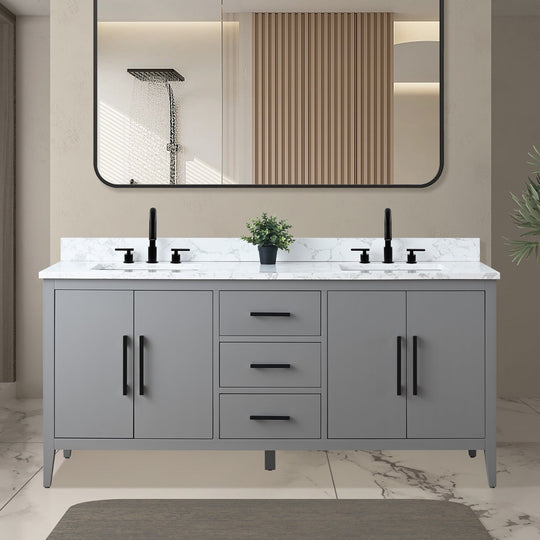72" Double Sink Bathroom Vanity Cabinet with Engineered Marble Top
