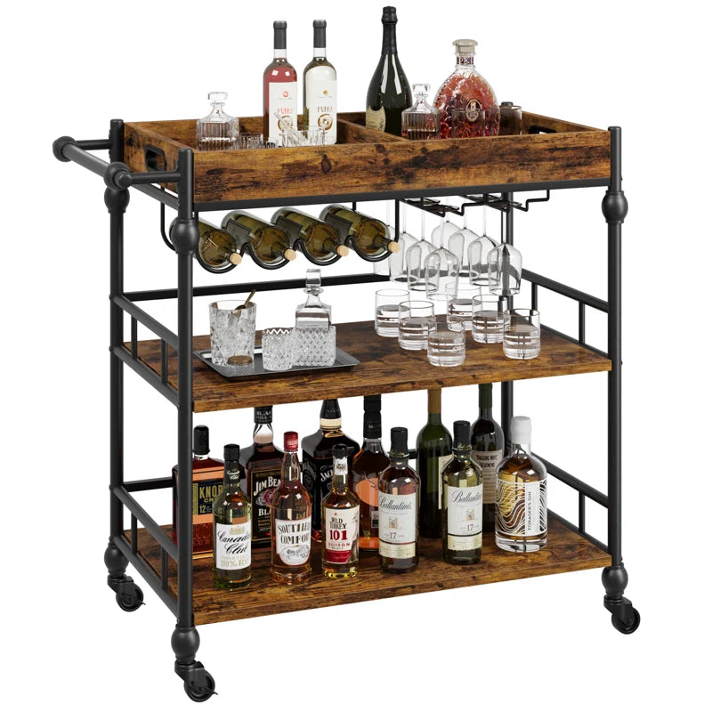 Serving Bar Cart for Home with Wine Rack & Glass Holders, Drink Trolley on Wheels