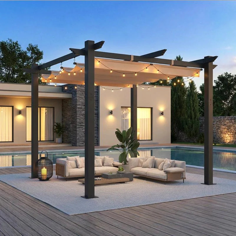 10' X 13' Outdoor Pergola with Retractable Canopy, Heavy-Duty Metal Frame and Adjustable Patio Shade Roof