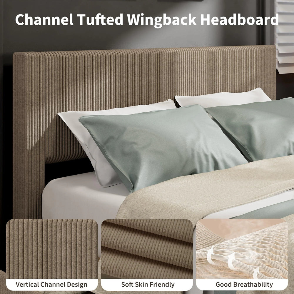 Upholstered Corduroy Channel Tufted Headboard Bed Frame, with 4 Storage Drawers