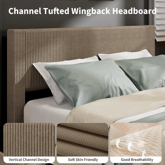 Upholstered Corduroy Channel Tufted Headboard Bed Frame, with 4 Storage Drawers