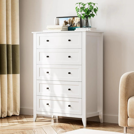 Modern Bedroom Nightstand with 5 Drawers & Metal Handles - Multifunctional Storage Cabinet,Easy Assembly for Living Room