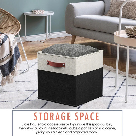 Foldable Collapsible Storage Box Bins Linen Fabric Shelf Basket Cube Organizer with Leather Handles - Set of 6