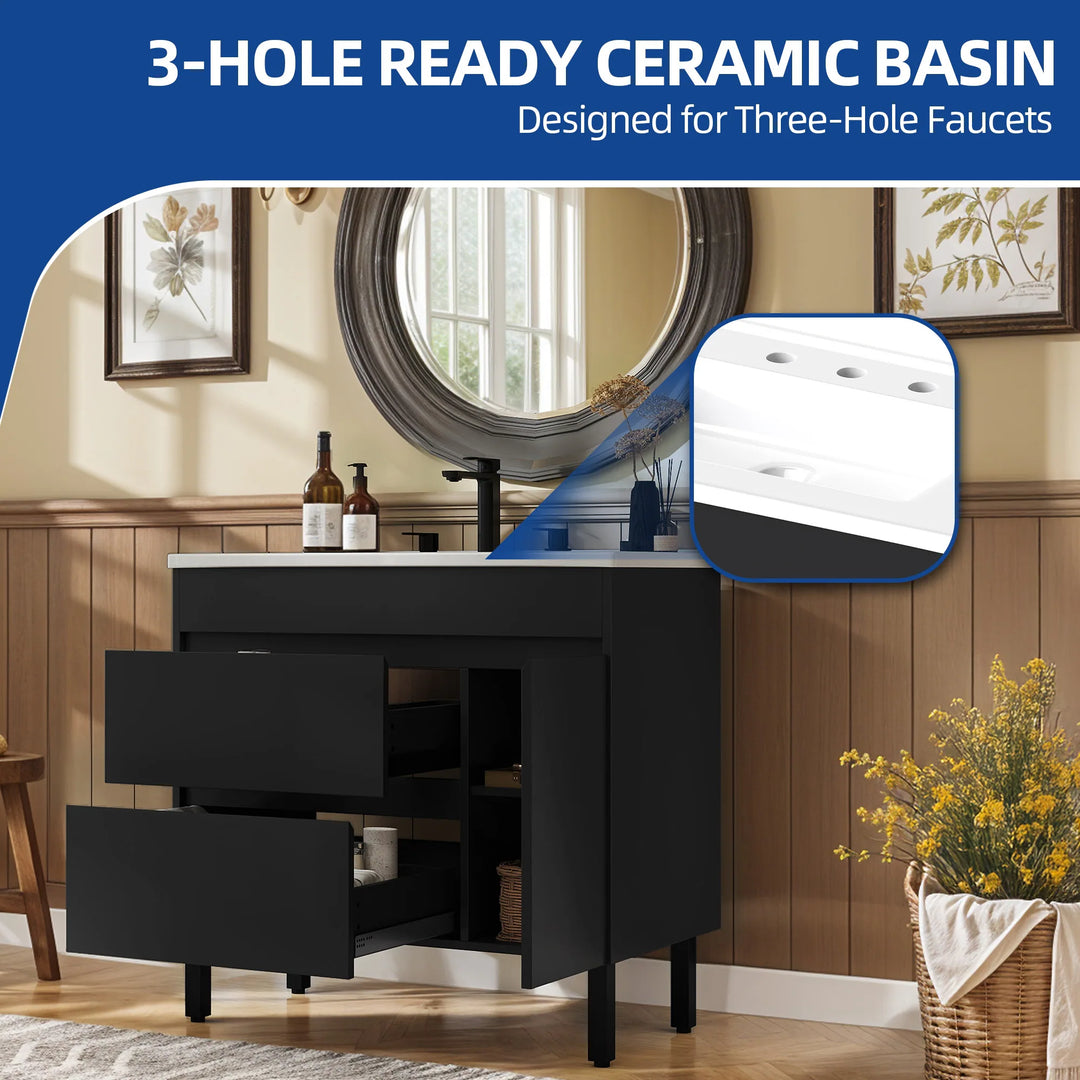 37" Freestanding Single Bathroom Vanity with 1 Soft Closing Cabinet & 2 Drawers