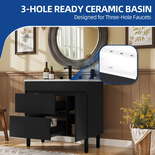 37" Freestanding Single Bathroom Vanity with 1 Soft Closing Cabinet & 2 Drawers