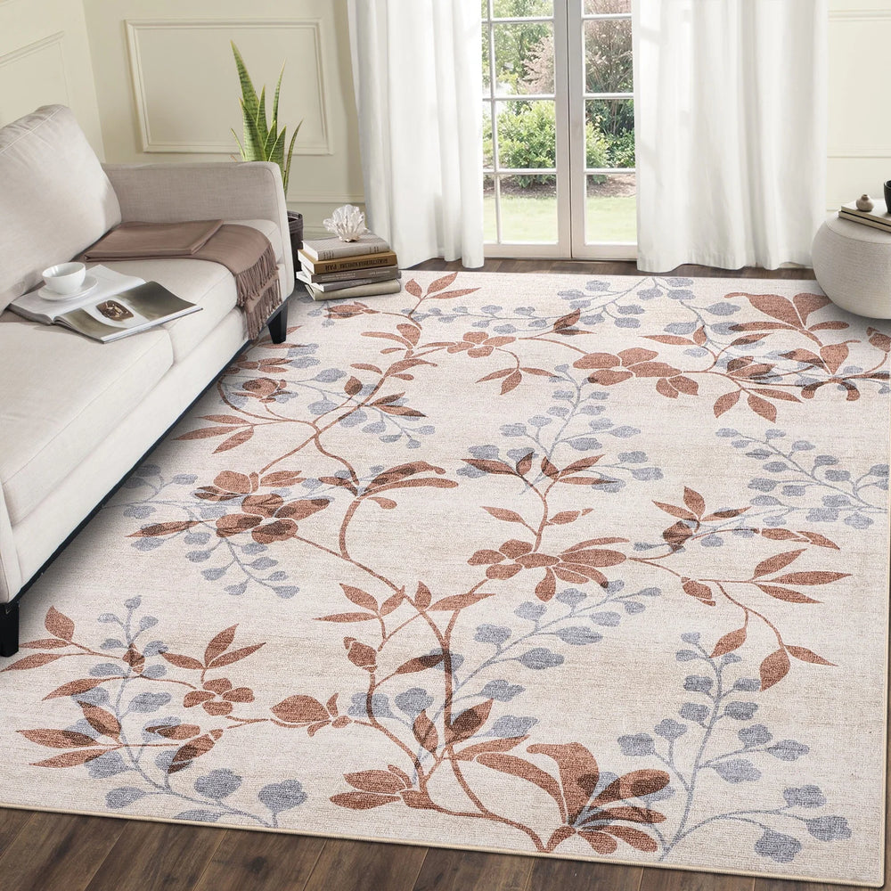 Modern Leaves Pattern Area Rug Botanical Print Washable Rugs for Living Room Bedroom Non-Slip Low Pile Floor Carpet