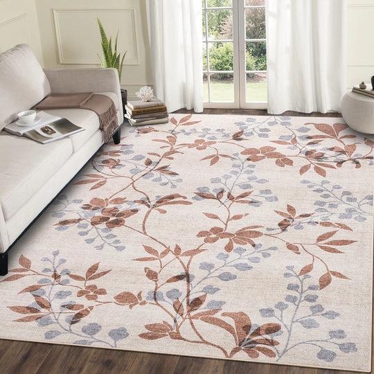 Modern Leaves Pattern Area Rug Botanical Print Washable Rugs for Living Room Bedroom Non-Slip Low Pile Floor Carpet