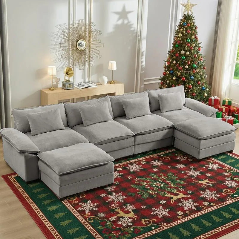 Modern 156''Oversized U-Shaped Modular Sectional Sofa with 2 Ottomans,6-Seat Cloud Couch,Chenille Sofa Sleeper Deep Seat Couches