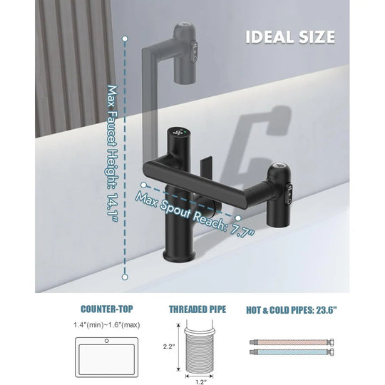 Rotatable Bathroom Faucet with Temperature Display in Fahrenheit (Batteries-Free), BF2204