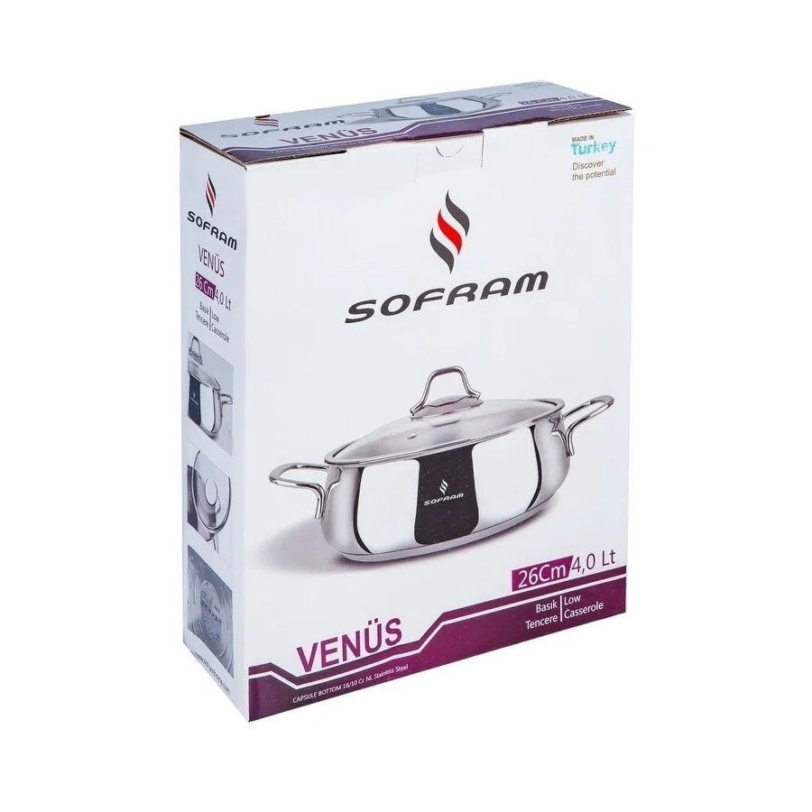 Sofram 18/10 Stainless Steel Low Casserole W/ Glass Lid