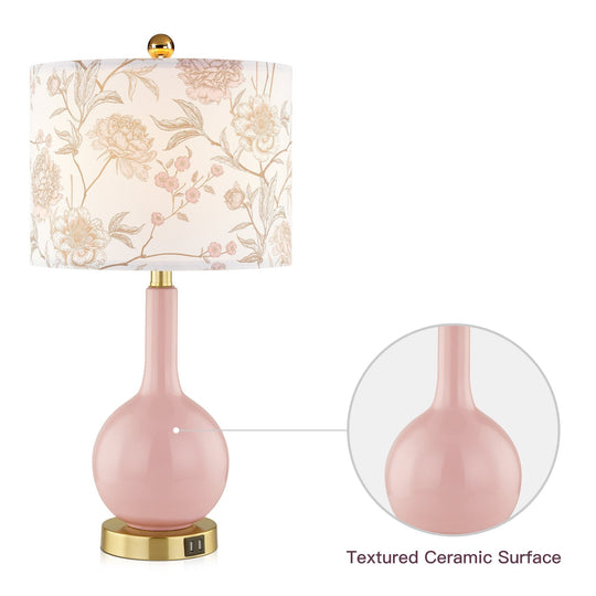 Pink Ceramic Table Lamp with Dimmable Touch Control and Dual USB Charging Ports