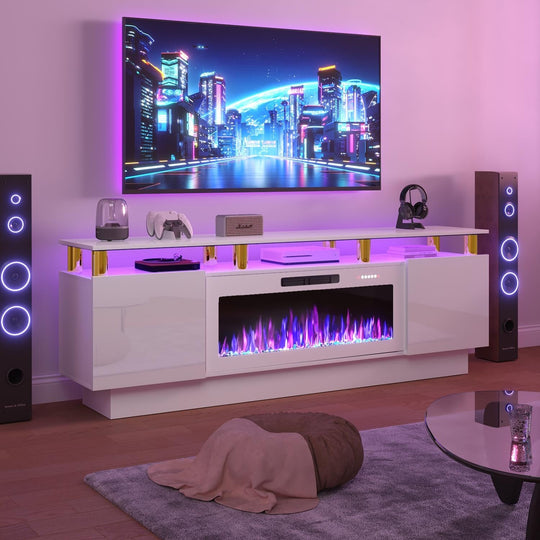 70" Modern Electric Fireplace TV Stand, with Electronic Flame and LED Lights, High Gloss Finish Entertainment Center