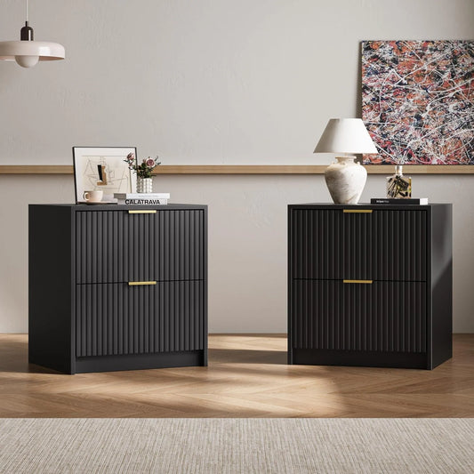 Set of 2 Fluted Nightstand with 2 Drawers, Modern Storage Bedside Table Wooden End Table for Bedroom