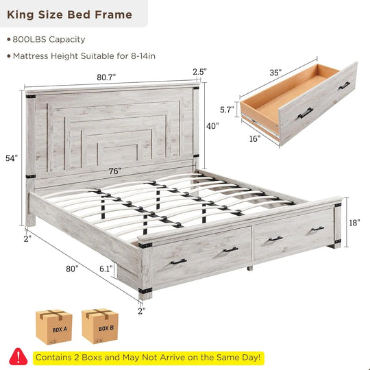 Farmhouse Wood Bed Frame with 54" Tall Headboard, 2 Large Drawers