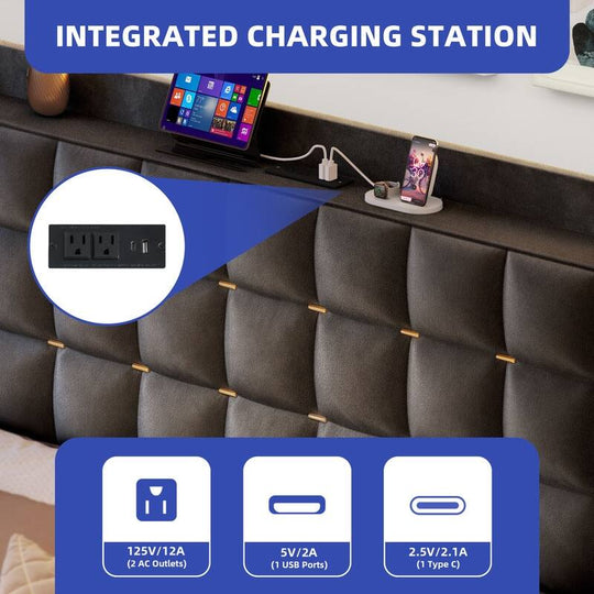 Queen/King Size Velvet Upholstered Bed with Charging Station and Storage Drawers