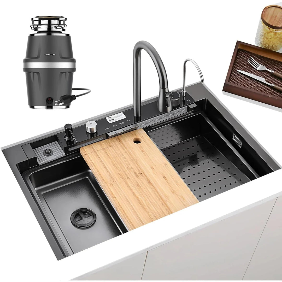 New 33"X22" Stainless Steel Waterfall Kitchen Sink with Temperature Display in Fahrenheit, Pull-Down, KS2206L-PRO