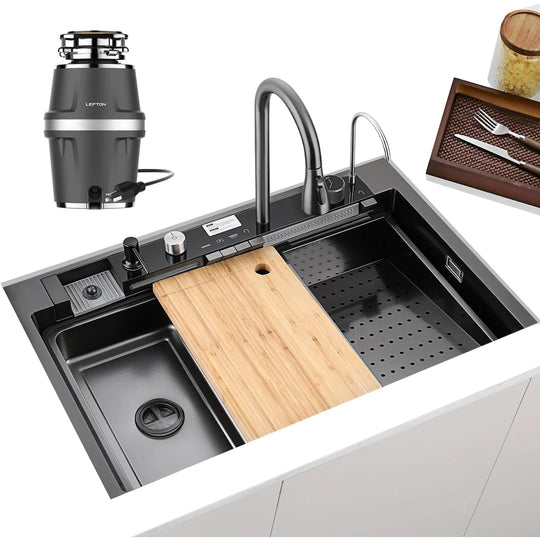 New 33"X22" Stainless Steel Waterfall Kitchen Sink with Temperature Display in Fahrenheit, Pull-Down, KS2206L-PRO