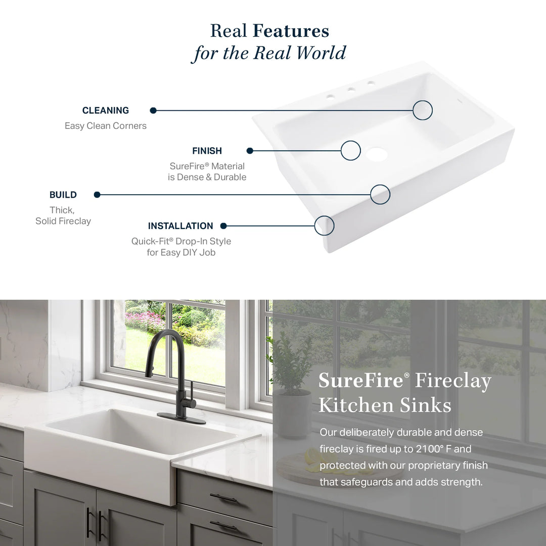 Parker Matte Black Fireclay 34″ Single Bowl Quick-Fit Farmhouse Apron Front Drop-In Kitchen Sink and Drain