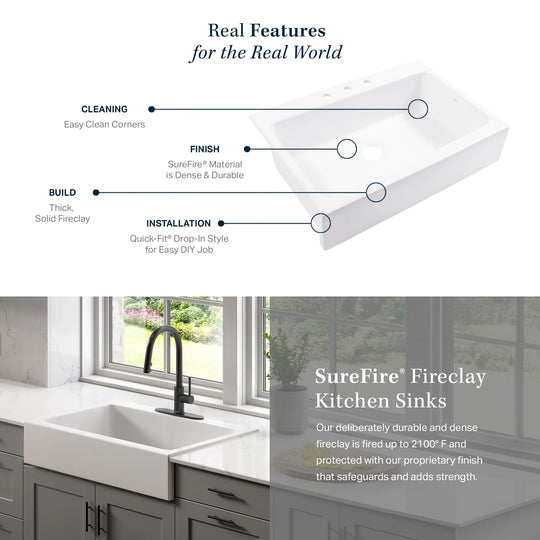 Parker Matte Black Fireclay 34″ Single Bowl Quick-Fit Farmhouse Apron Front Drop-In Kitchen Sink and Drain