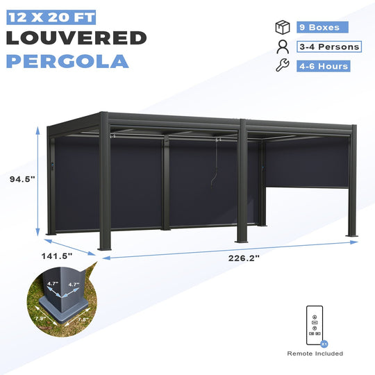 Outdoor Louvered Pergola Gazebo with Adjustable Aluminum Rainproof Roof and Pull-Down Screen