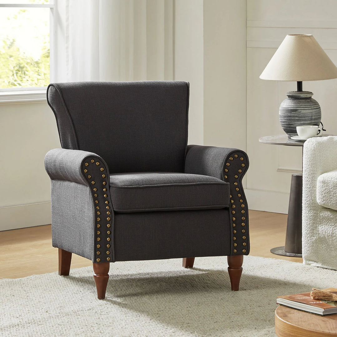 Nyctelius Upholstered Comfy Accent Chair with Turned Wooden Legs and Nailhead Trim Set of 2 by