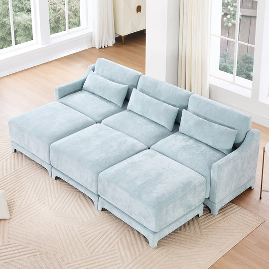 Modern Chenille 4-Seater Sofa with 2 Ottoman, Lumbar Cushions, Ergonomic Backrest, High-Resilience Spongeand Tufted Armrests