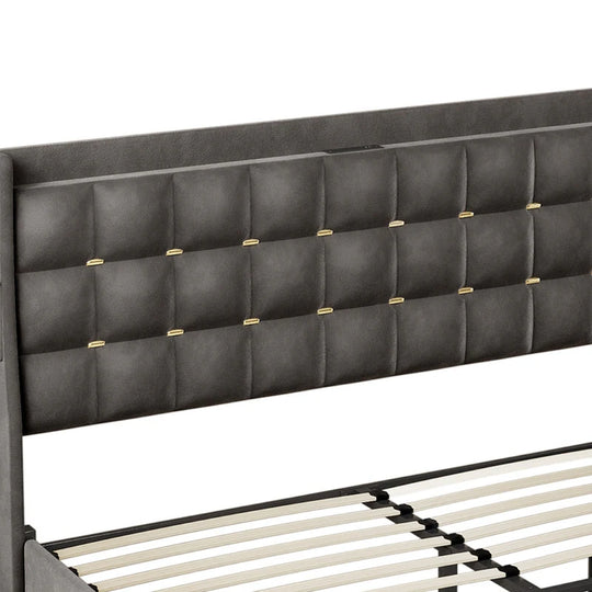 Queen/King Size Velvet Upholstered Bed with Charging Station and Storage Drawers