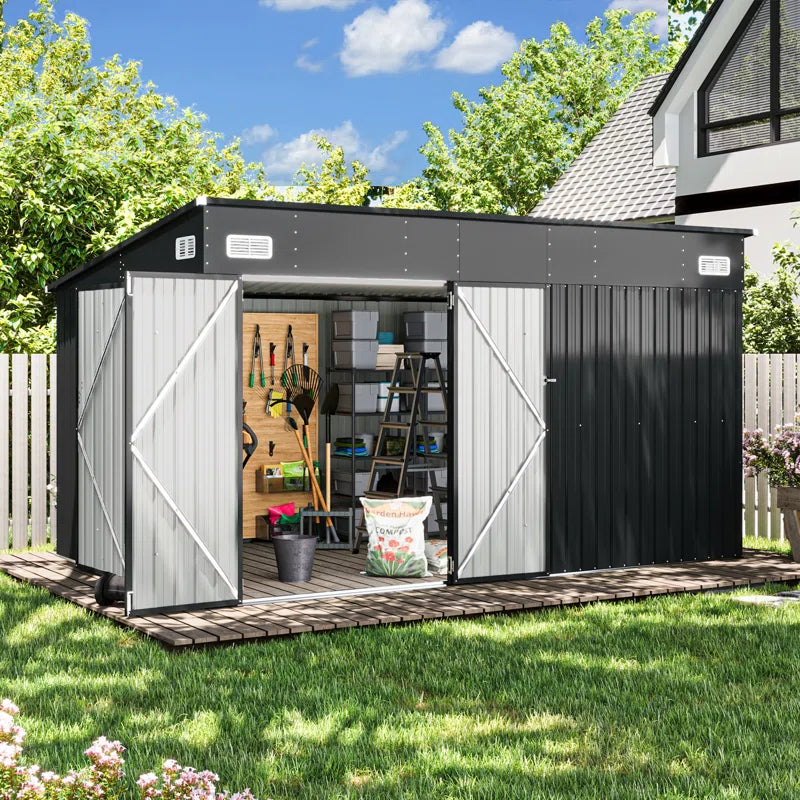 Metal Lean-To Storage Shed with Three Doors