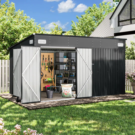 Metal Lean-To Storage Shed with Three Doors
