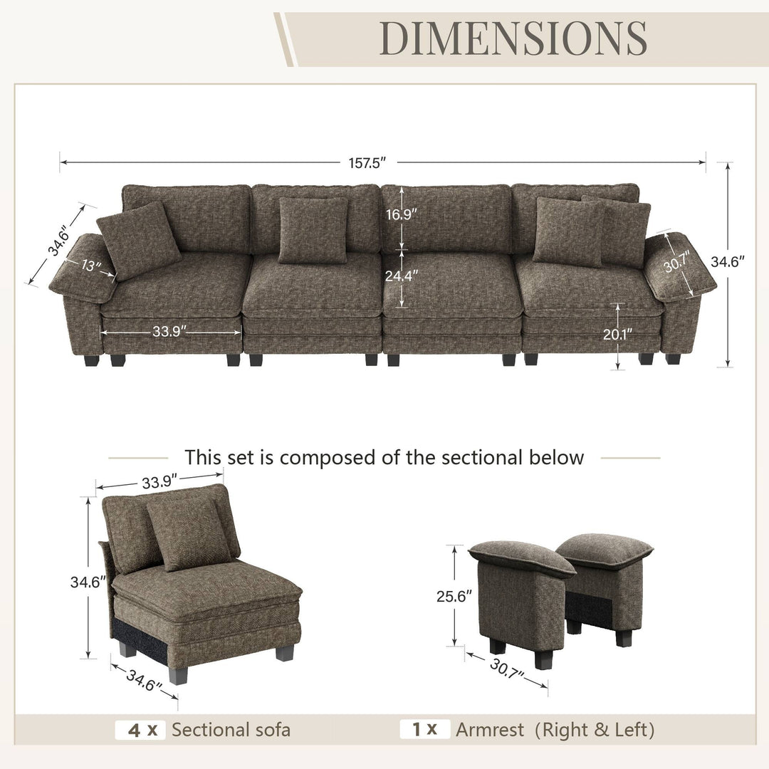 Cloud Modular Deep Seat Sofa, Chenille or Corduroy Sectional Couch with Removable Arms, 1–4 Seater