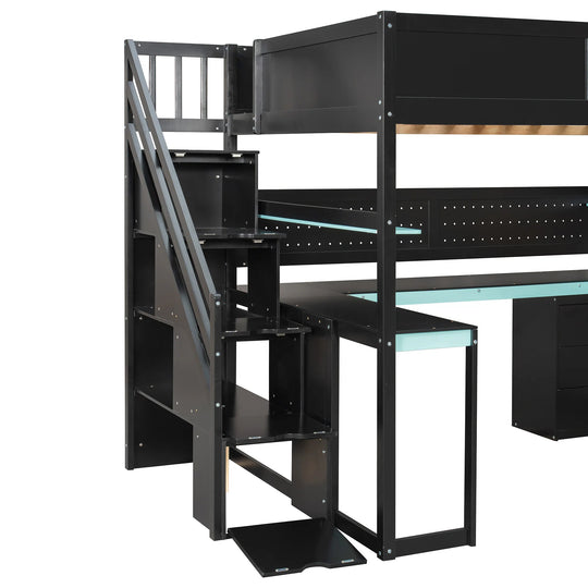 Full Size Wooden Gaming Loft Bed with Storage Stairs, Desk, Shelves and Pegboard