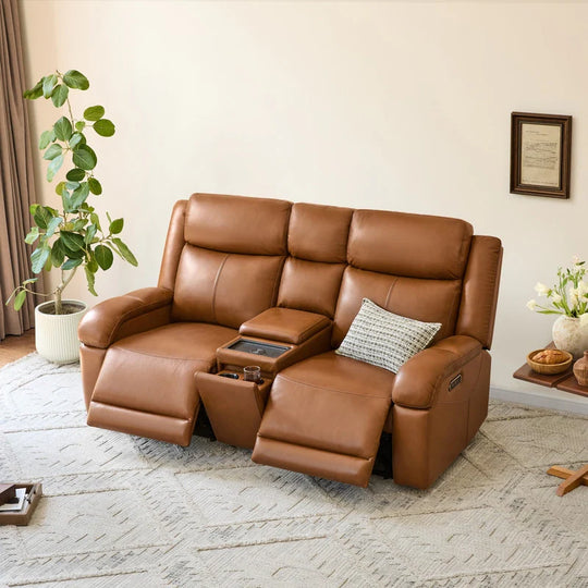 Hadlee Genuine Leather Reclining Sofa with Multi-Function Console.