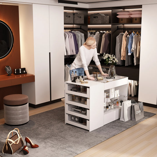 HOMELAVY Glass-Top Closet Organizer White Dressing Island Ample Storage Dresser Cabinets