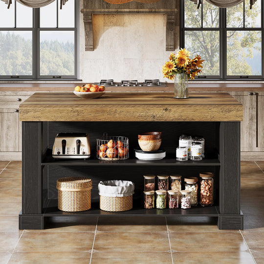 55-Inch Stationary Kitchen Island with Storage Shelves and Large Worktop, Farmhouse Style, Light Brown