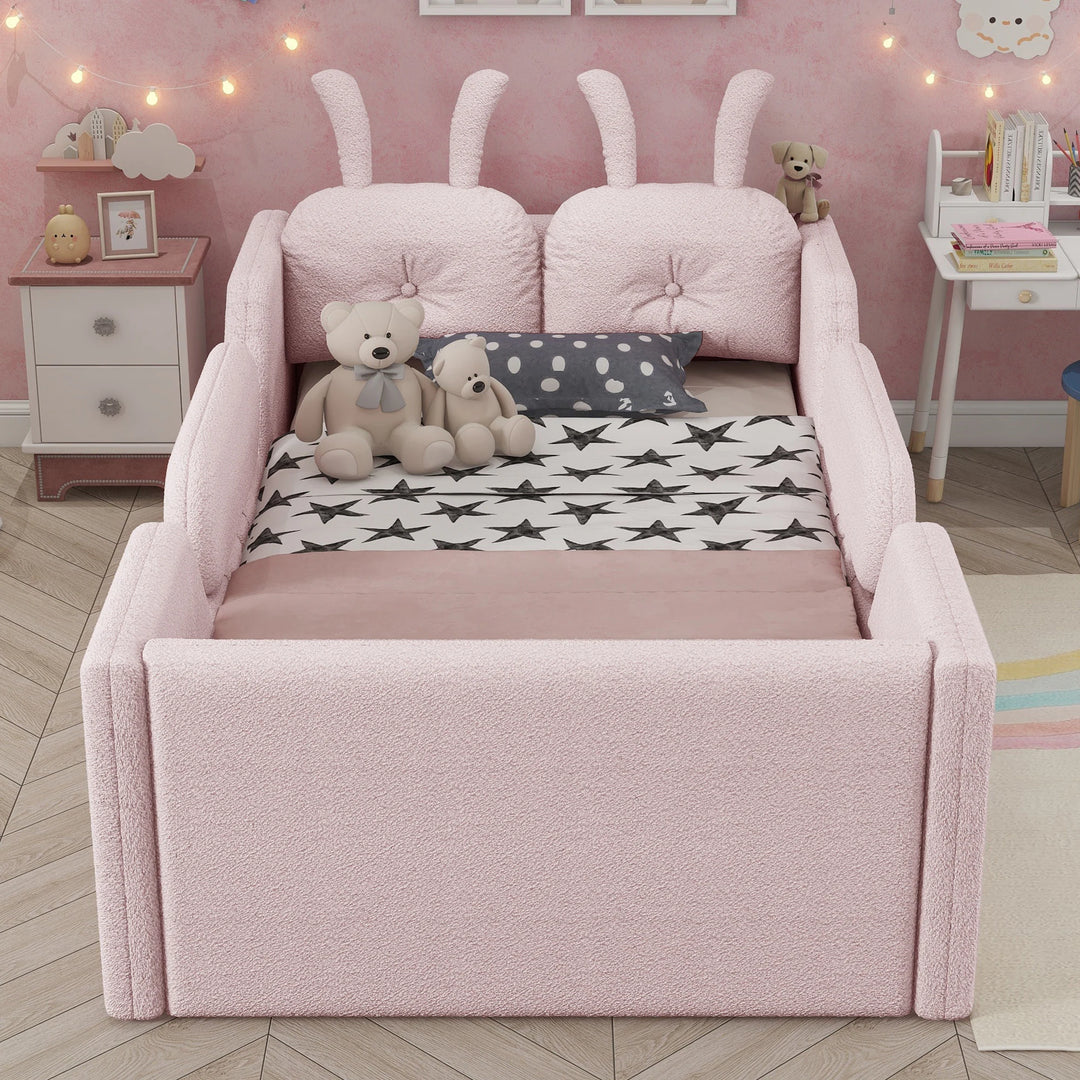 Twin Size Upholstered Platform Bed with Rabbit Cushion, Floor Upholstered Bed with Removable Side Rails