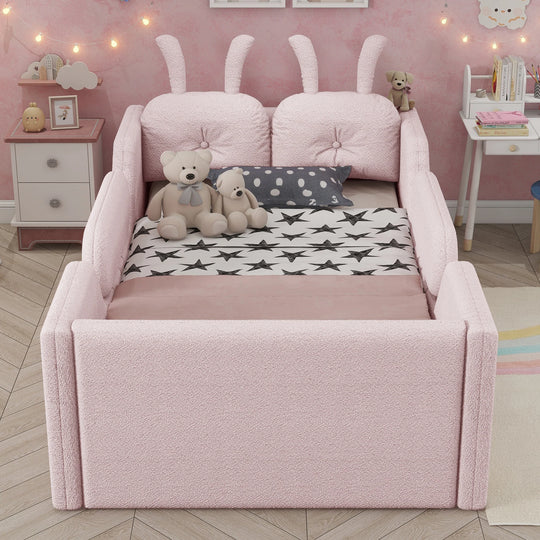 Twin Size Upholstered Platform Bed with Rabbit Cushion, Floor Upholstered Bed with Removable Side Rails