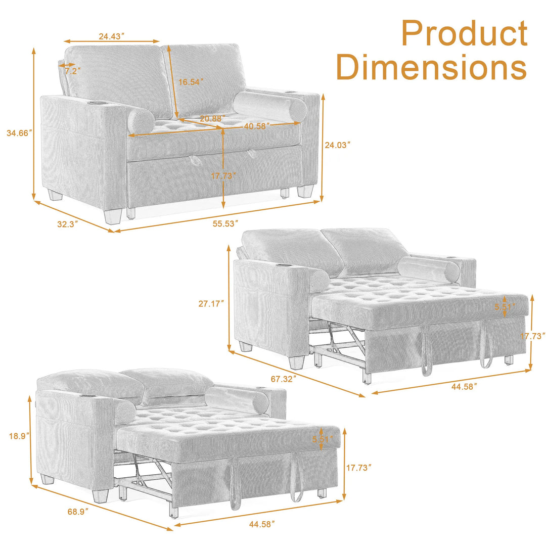 3-In-1 Pull-Out Sleeper Sofa Bed Convertible Adjustable Multi-Functional Loveseat with USB Port