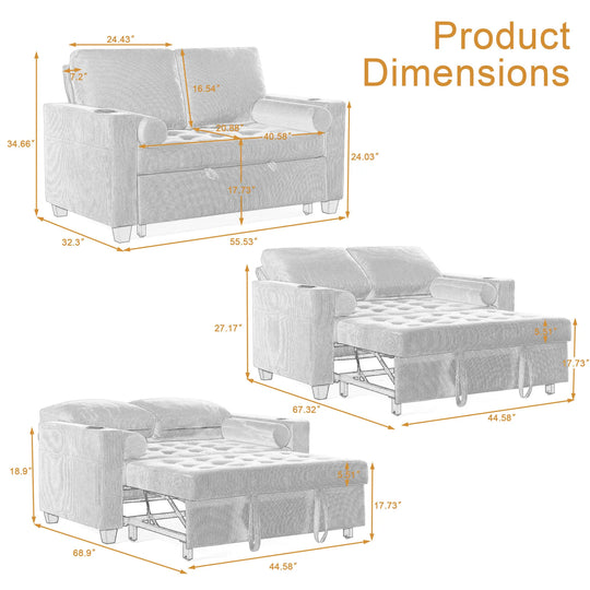 3-In-1 Pull-Out Sleeper Sofa Bed Convertible Adjustable Multi-Functional Loveseat with USB Port