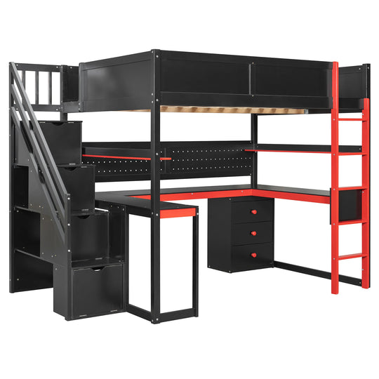 Full Size Wooden Gaming Loft Bed with Storage Stairs, Desk, Shelves and Pegboard
