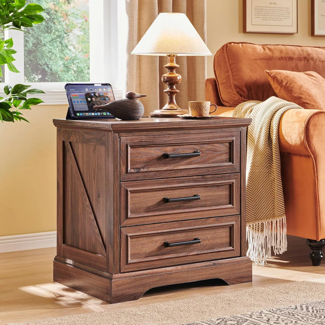 Farmhouse 3-Drawer Nightstand, Wide End Table with Charging Station
