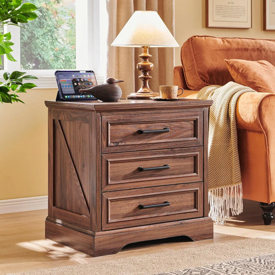 Farmhouse 3-Drawer Nightstand, Wide End Table with Charging Station