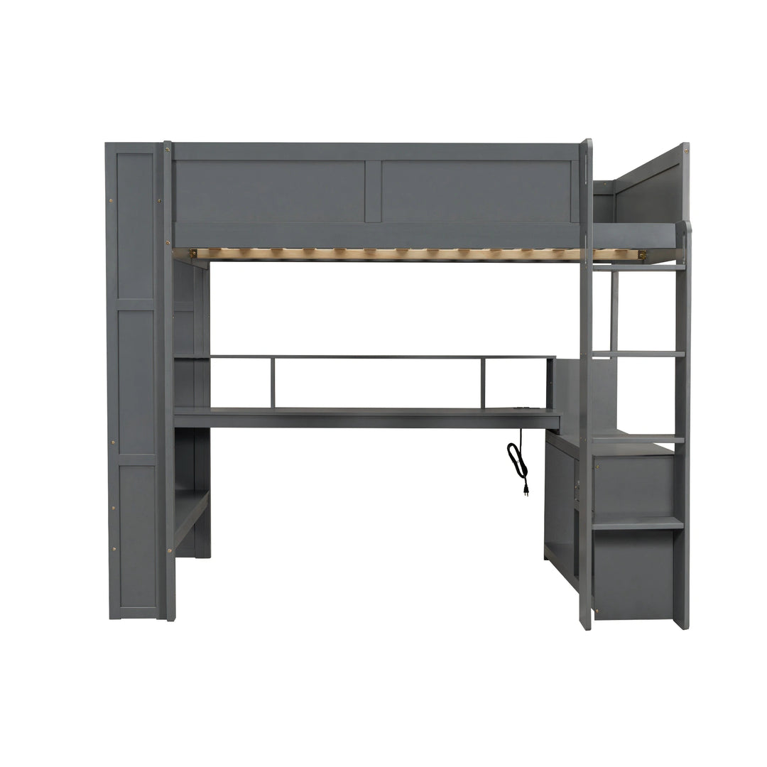 Full Size Gaming Loft Bed with Desk, Multi-Storage Shelves, LED and Charging Station, Dark Design