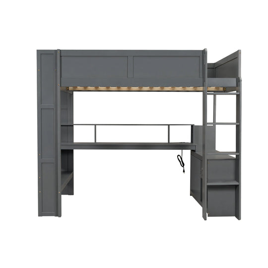 Full Size Gaming Loft Bed with Desk, Multi-Storage Shelves, LED and Charging Station, Dark Design
